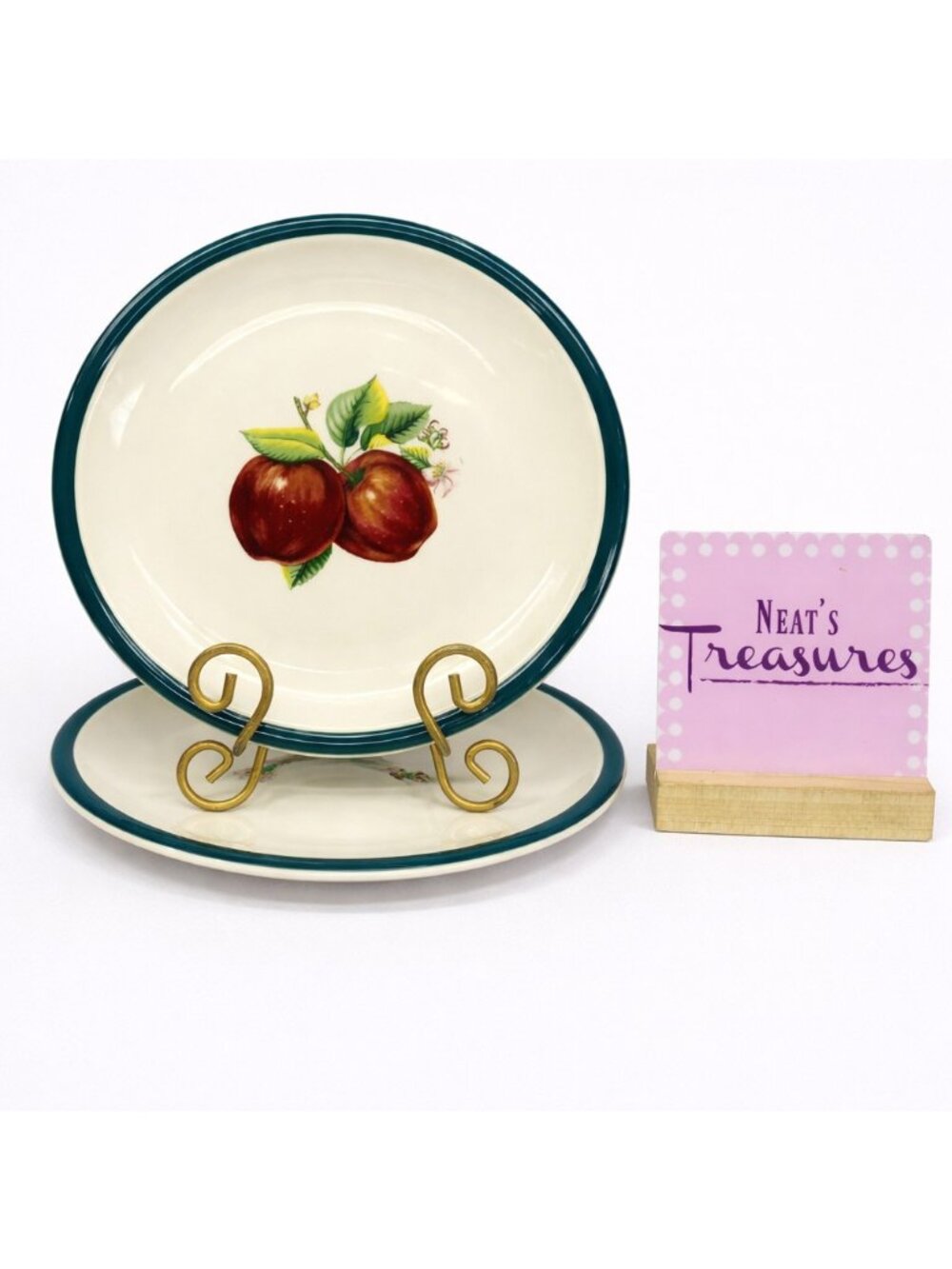 China Pearl Casuals APPLES Red Pink Floral Green  Stoneware Dinner Plates Set 2
